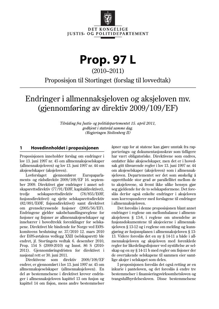 Forsiden av dokumentet Prop. 97 L (2010–2011)