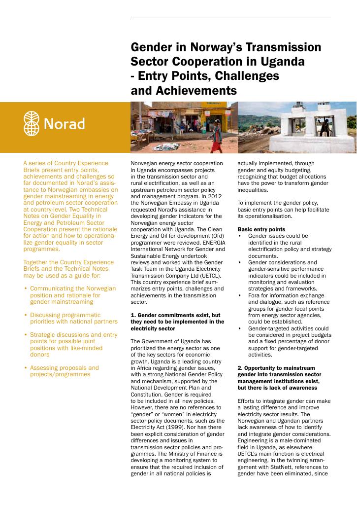 Forsiden av dokumentet Gender in Norway’s Transmission Sector Cooperation in Uganda - Entry Points, Challenges and Achievements