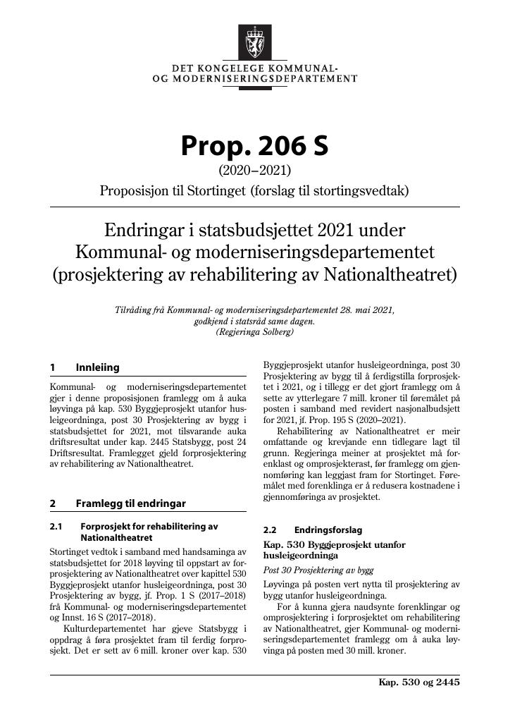 Forsiden av dokumentet Prop. 206 S (2020–2021)