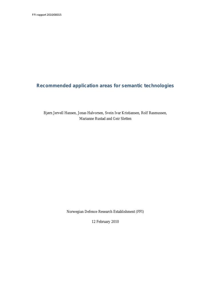 Forsiden av dokumentet Recommended application areas for semantic technologies