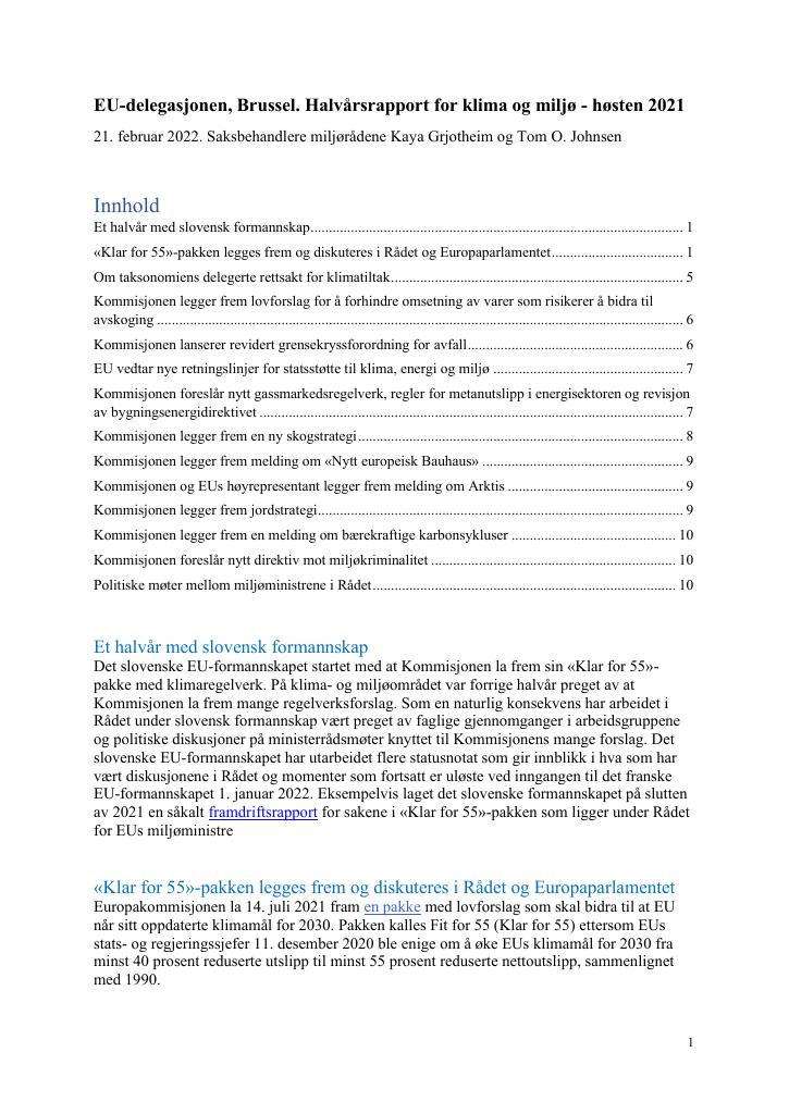 Forsiden av dokumentet EU-delegasjonen, Brussel. Halvårsrapport for klima og miljø - høsten 2021