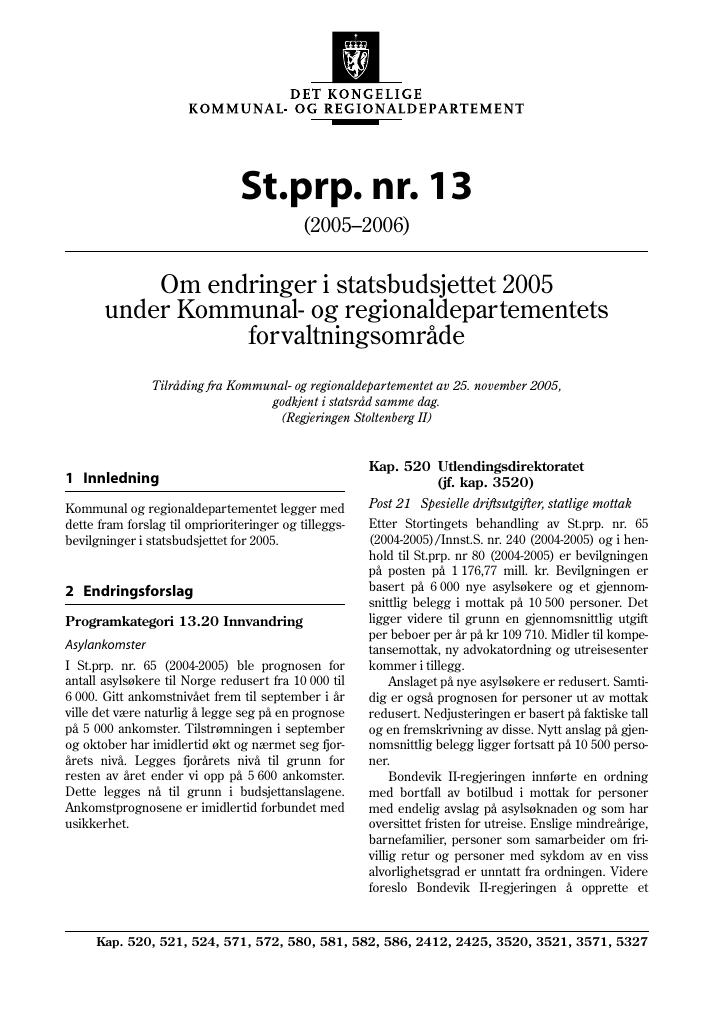 Forsiden av dokumentet St.prp. nr. 13 (2005-2006)