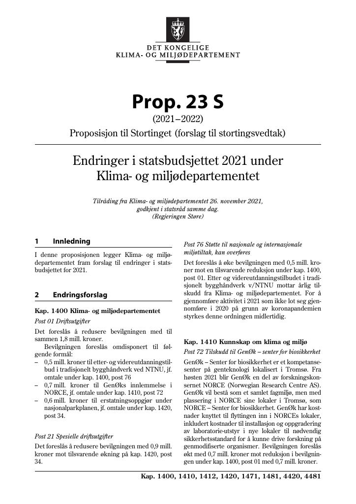 Forsiden av dokumentet Prop. 23 S (2021–2022)