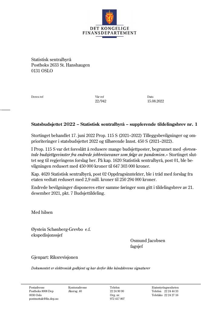 Forsiden av dokumentet Tildelingsbrev Statistisk sentralbyrå 2022 - tillegg nr. 1