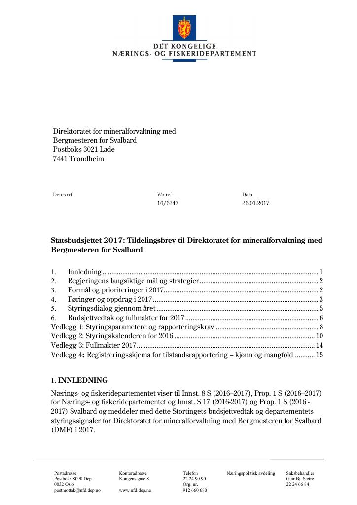 Forsiden av dokumentet Tildelingsbrev 