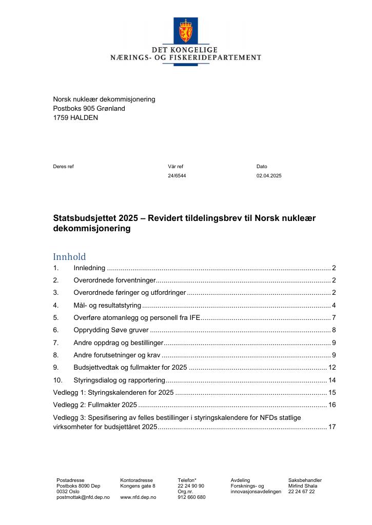 Forsiden av dokumentet Tildelingsbrev Norsk nukleær dekommisjonering 2025 -  revidert