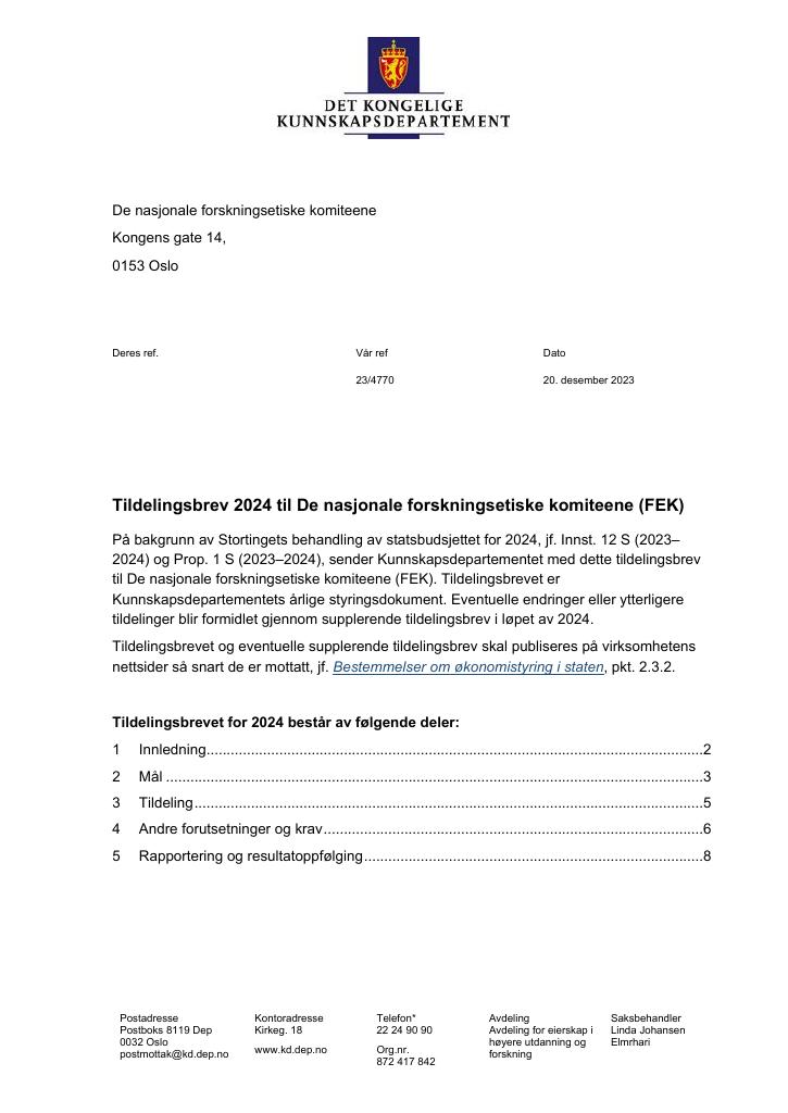 Forsiden av dokumentet Tildelingsbrev 2024