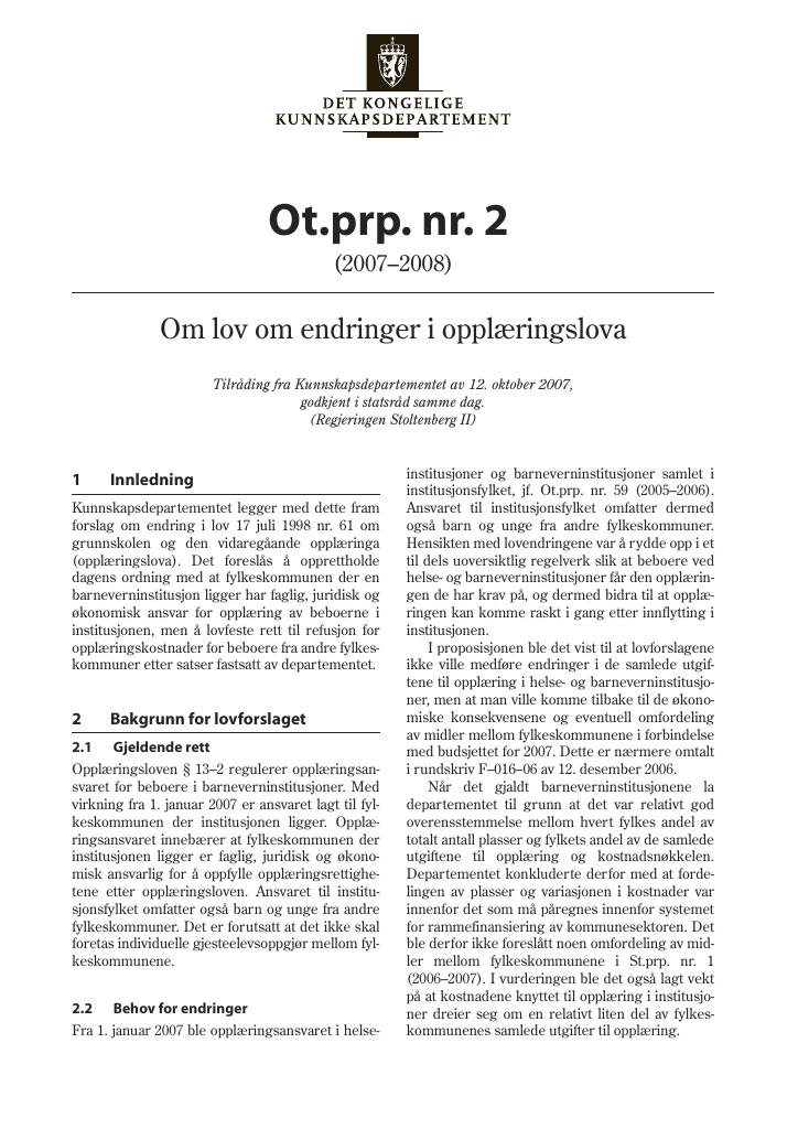 Forsiden av dokumentet Ot.prp. nr. 2 (2007-2008)