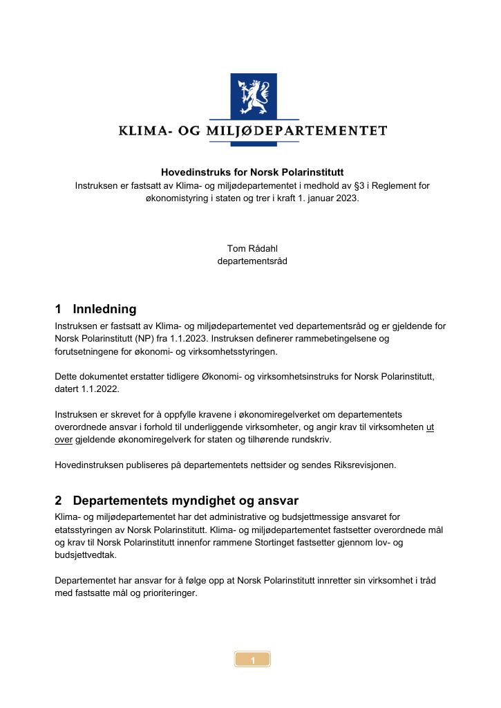 Forsiden av dokumentet Hovedinstruks Norsk Polarinstitutt 2023