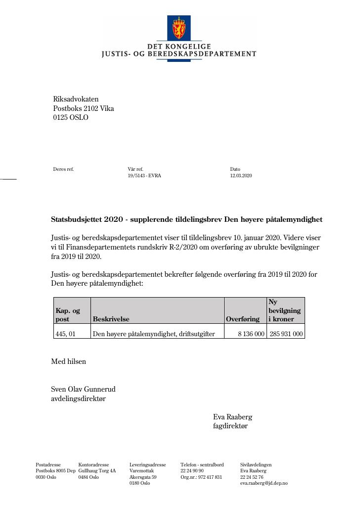 Forsiden av dokumentet Tildelingsbrev Riksadvokaten 2020 - tillegg nr. 2