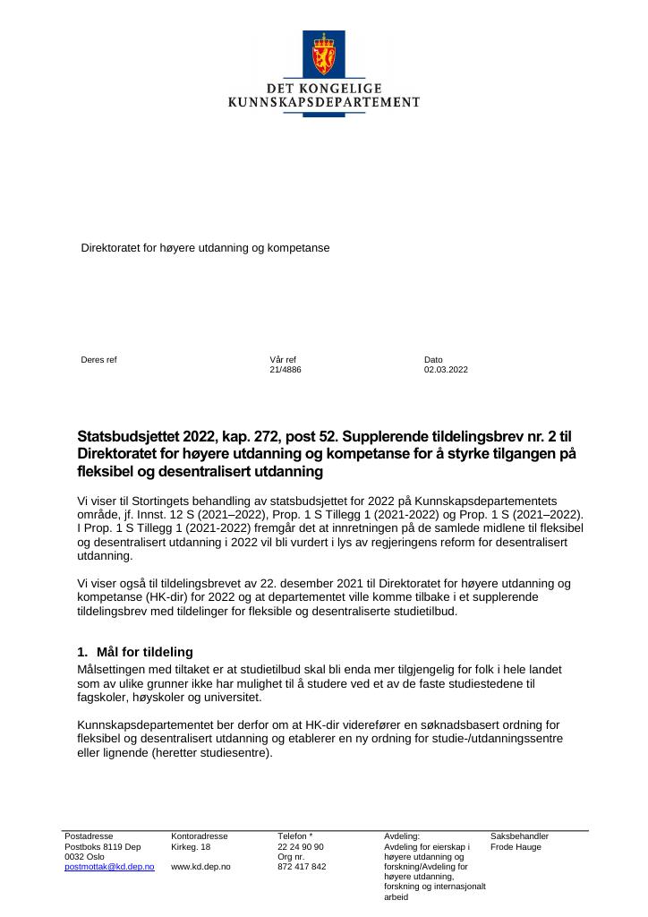 Forsiden av dokumentet Tildelingsbrev Direktoratet for høyere utdanning og kompetanse 2022 - tillegg nr. 2