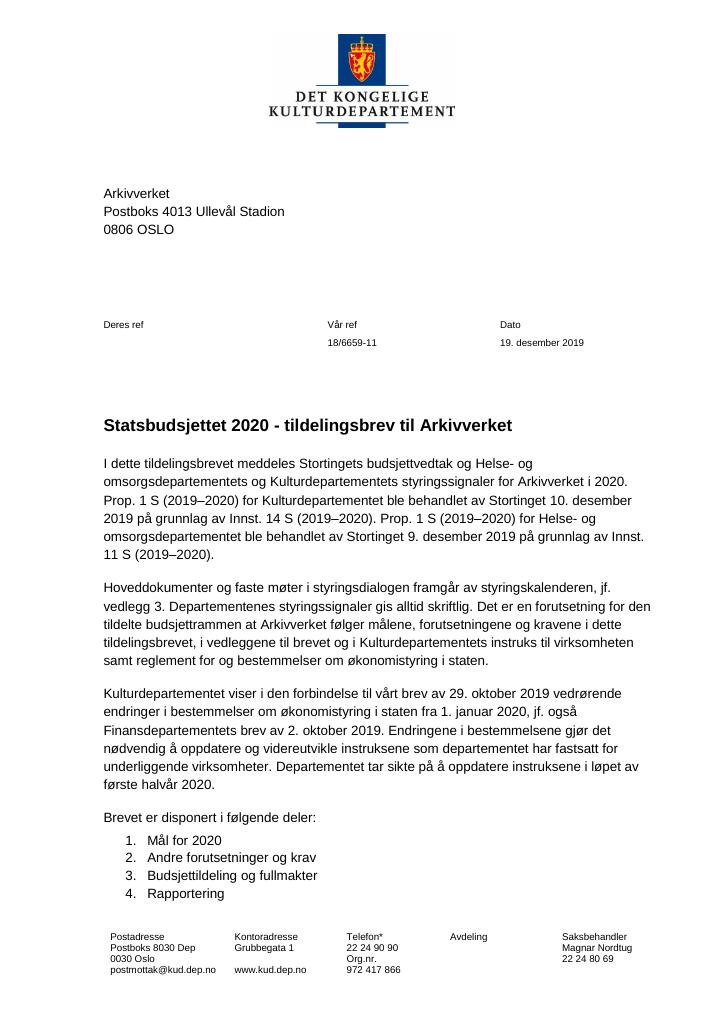 Tildelingsbrev Arkivverket 2020 - Kudos