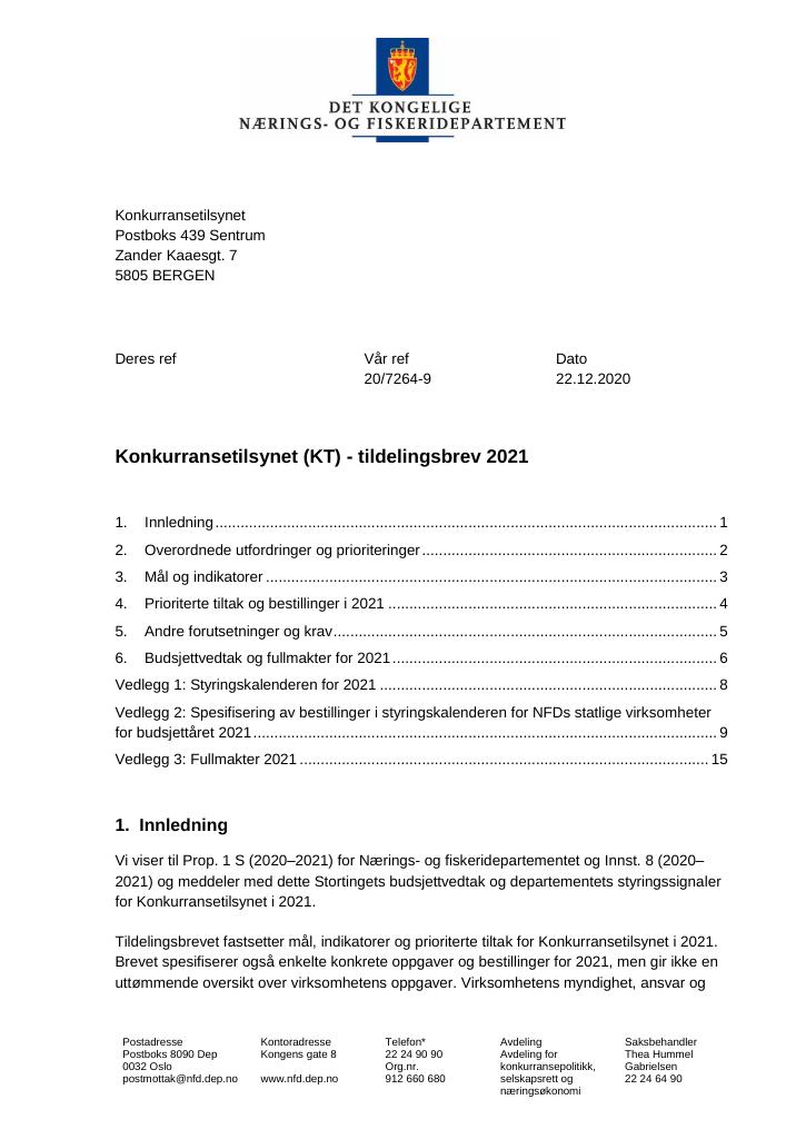 Forsiden av dokumentet Tildelingsbrev Konkurransetilsynet 2021