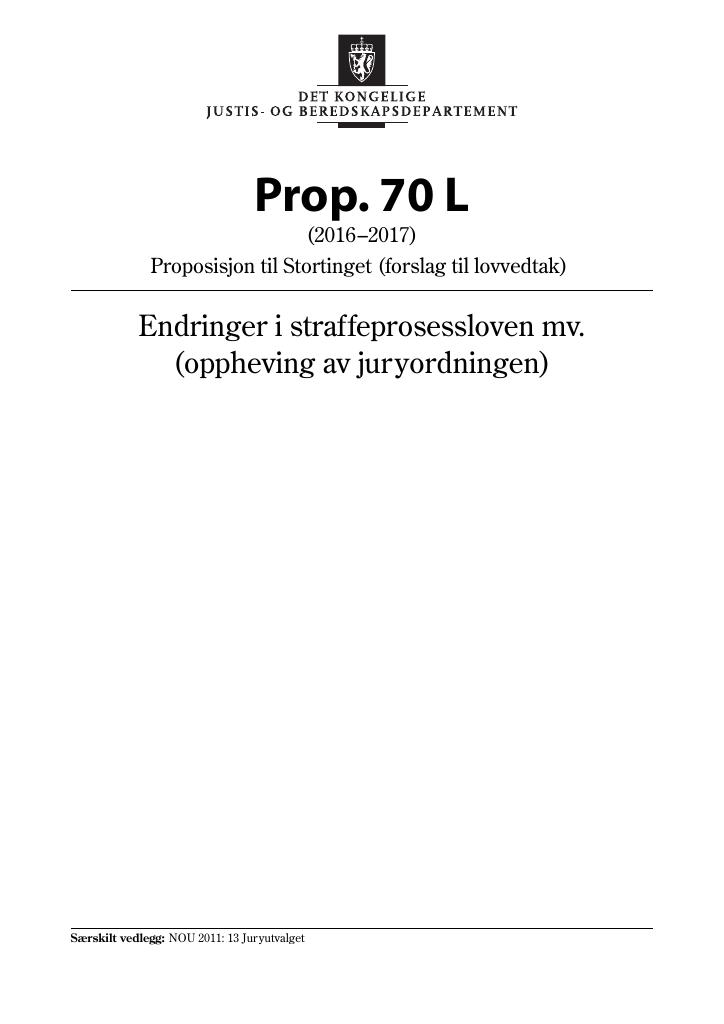 Forsiden av dokumentet Prop. 70 L (2016–2017)