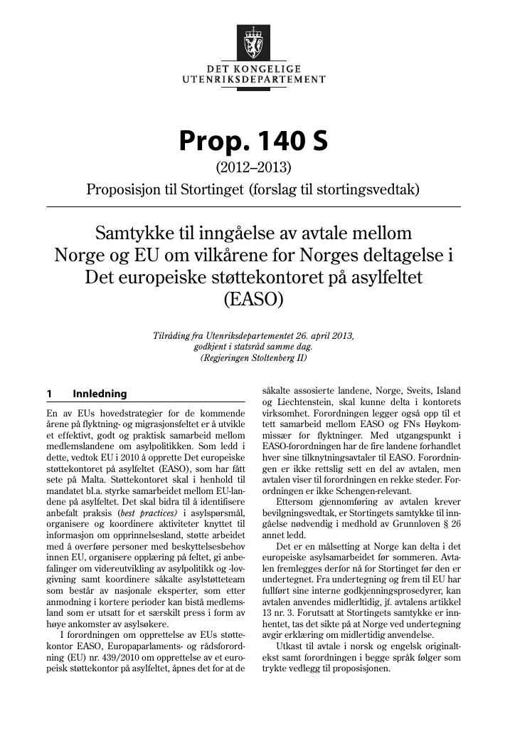 Forsiden av dokumentet Prop. 140 S (2012–2013)