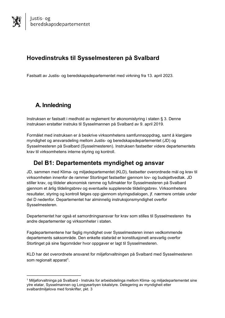 Forsiden av dokumentet Hovedinstruks Sysselmesteren på Svalbard 2023