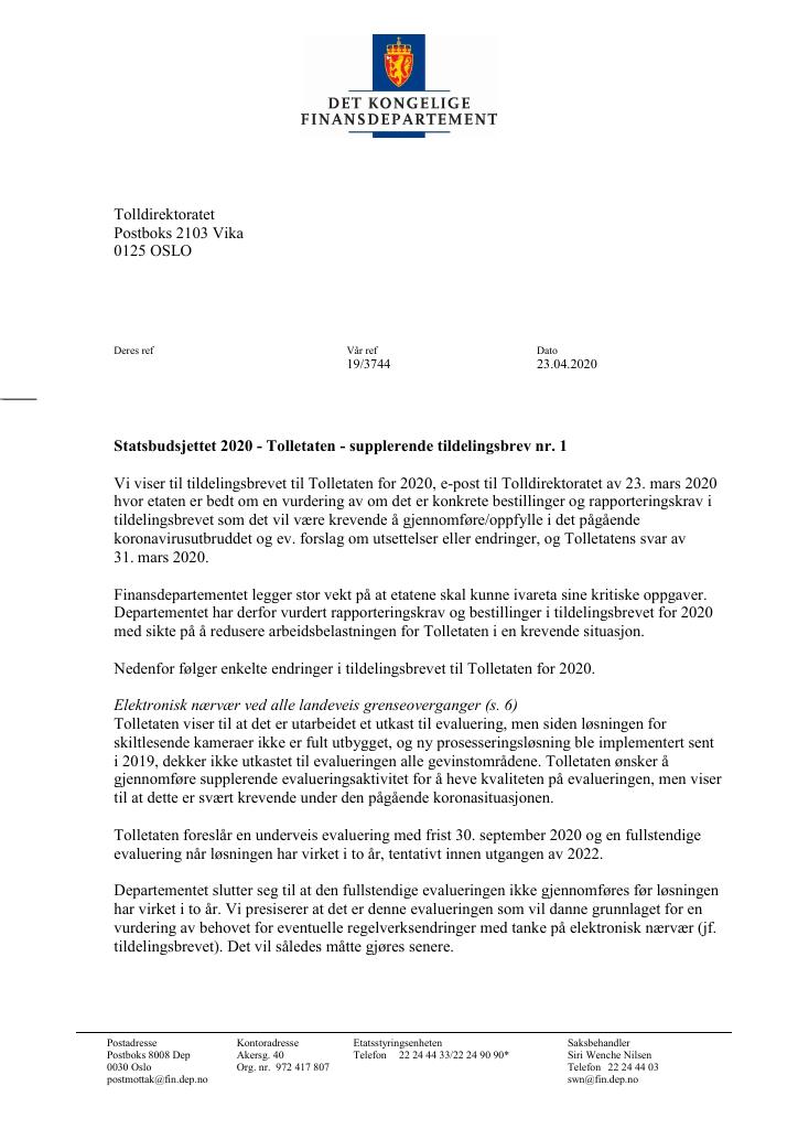 Forsiden av dokumentet Supplerende tildelingsbrev Tolldirektoratet 2020 - nr. 1