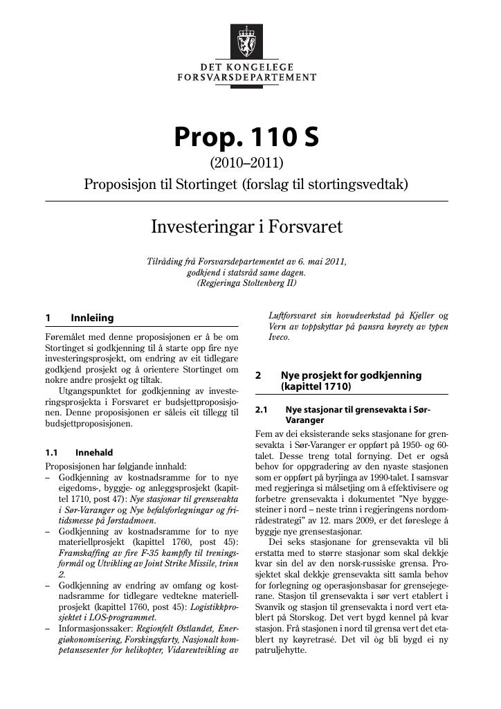 Forsiden av dokumentet Prop. 110 S (2010–2011)