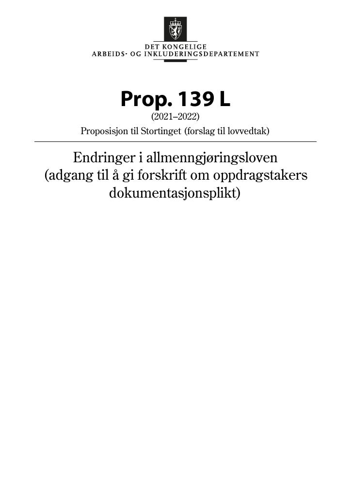 Forsiden av dokumentet Prop. 139 L (2021–2022)