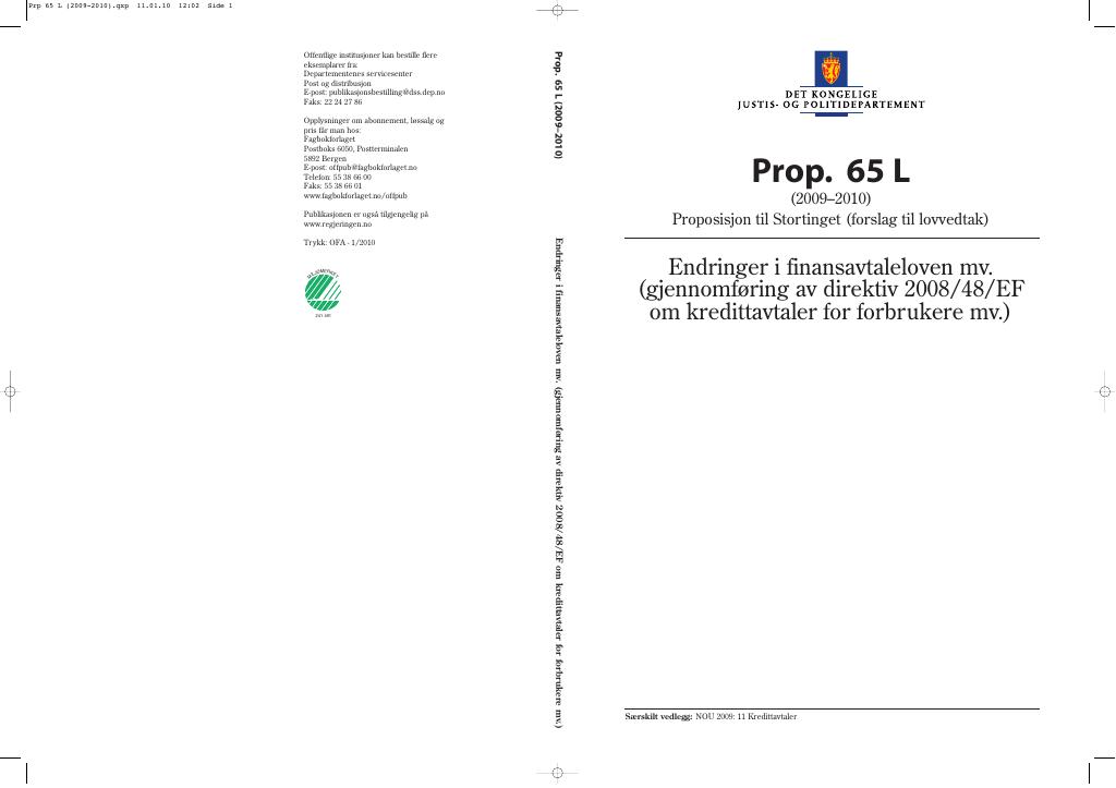 Forsiden av dokumentet Prop. 65 L (2009-2010)