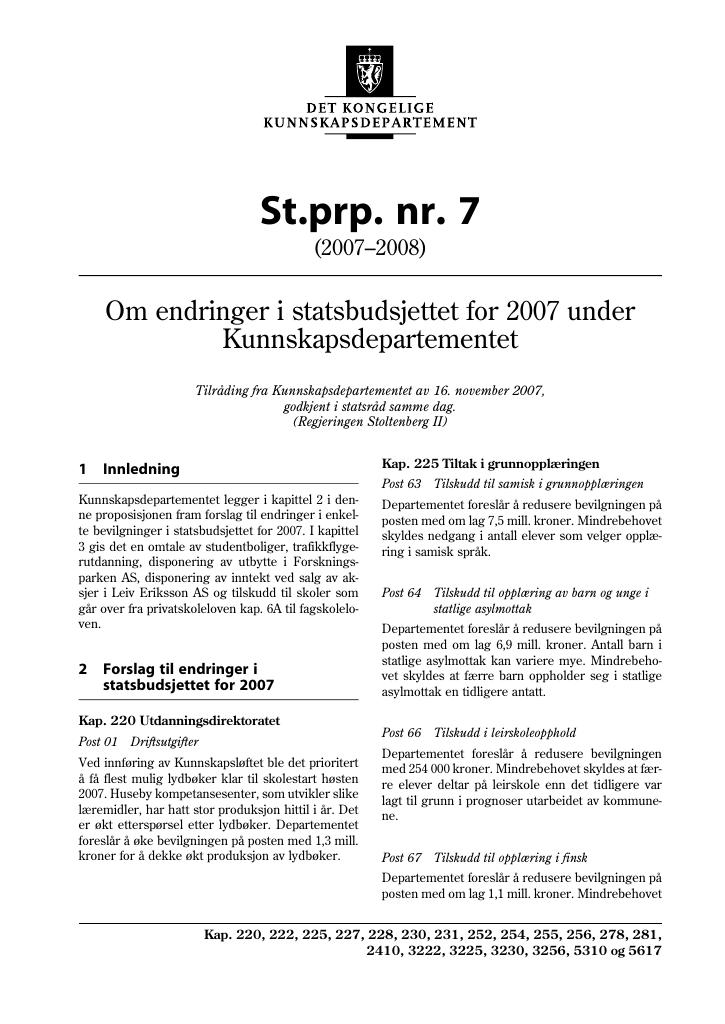 Forsiden av dokumentet St.prp. nr. 7 (2007-2008)