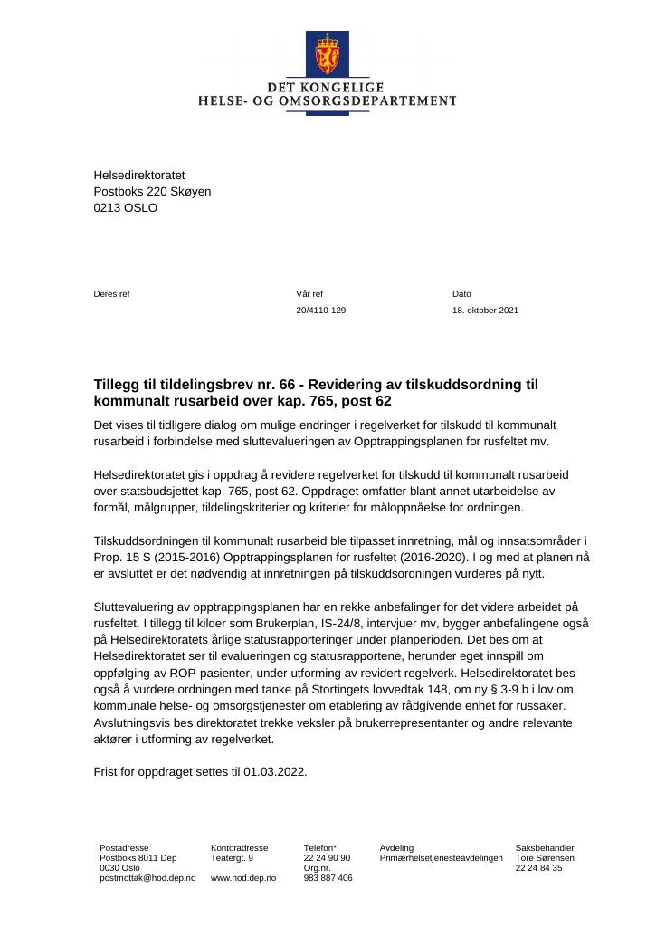 Forsiden av dokumentet Tildelingsbrev Helsedirektoratet 2021 - tillegg nr. 66