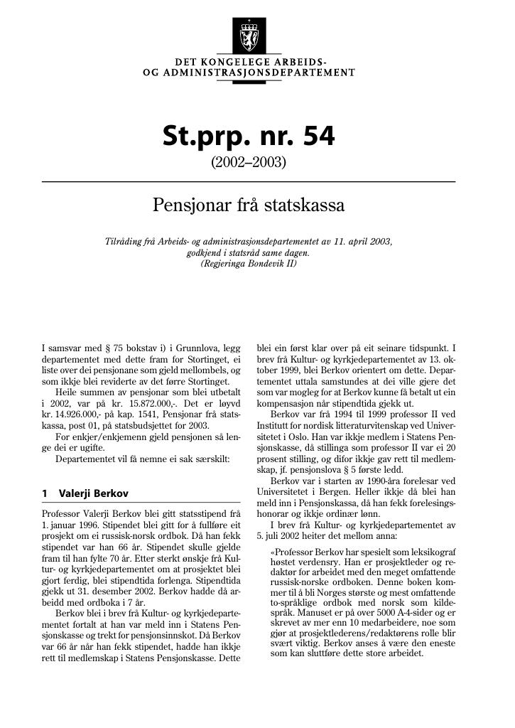 Forsiden av dokumentet St.prp. nr. 54 (2002-2003)