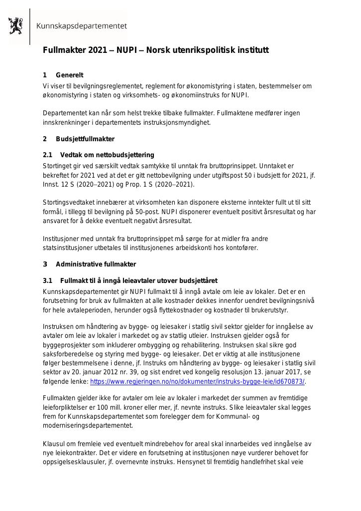 Forsiden av dokumentet NUPI Fullmakter 2021