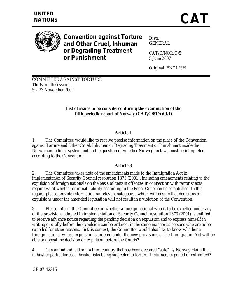 Forsiden av dokumentet FNs konvensjon mot tortur og annen grusom, umenneskelig eller nedverdigende behandling eller straff (CAT)
