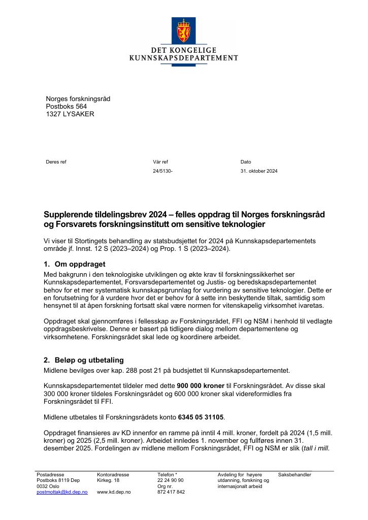 Forsiden av dokumentet Supplerende tildleingbrev nr.2 2024