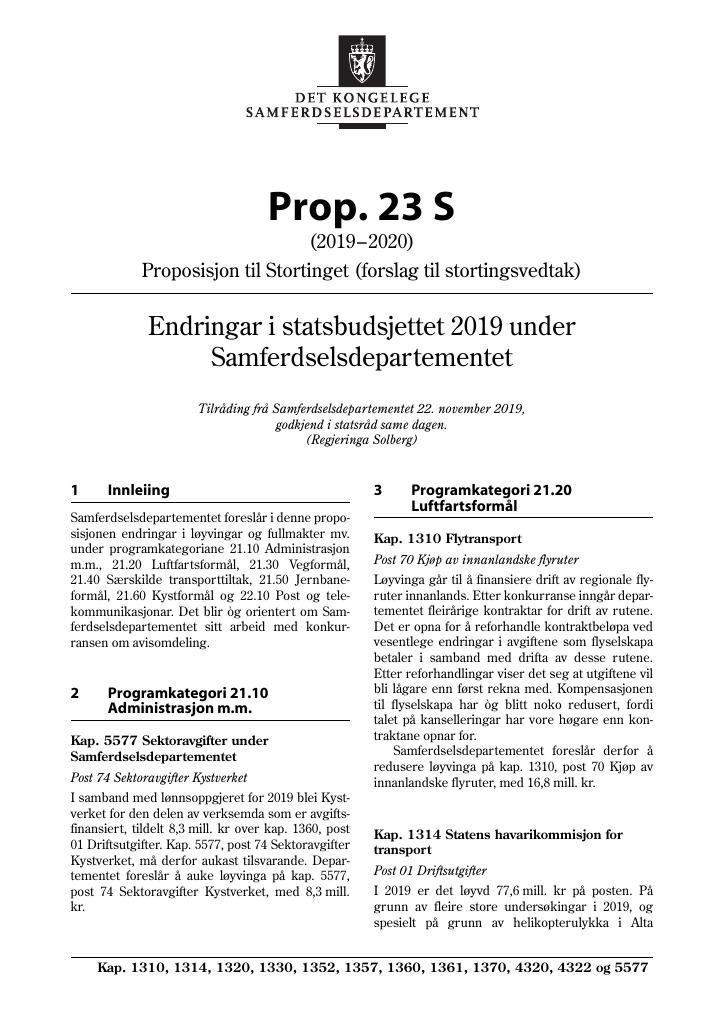 Forsiden av dokumentet Prop. 23 S (2019–2020)