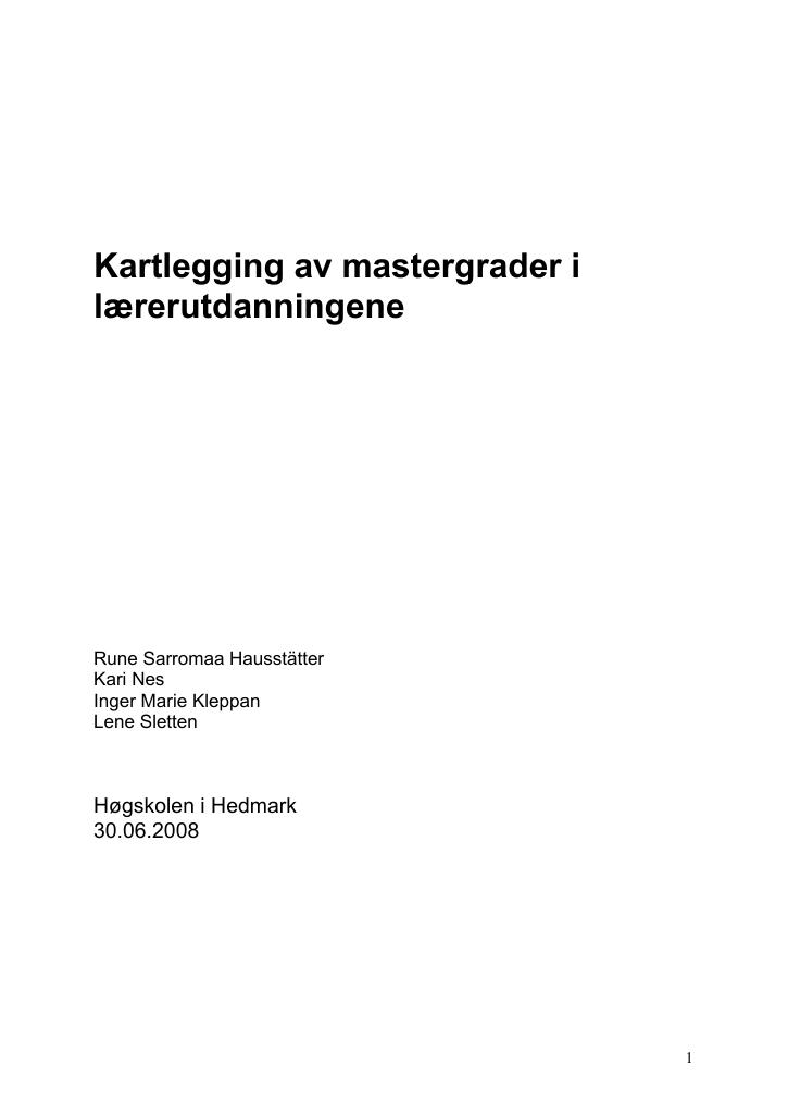 Forsiden av dokumentet Kartlegging av mastergrader i lærerutdanningene