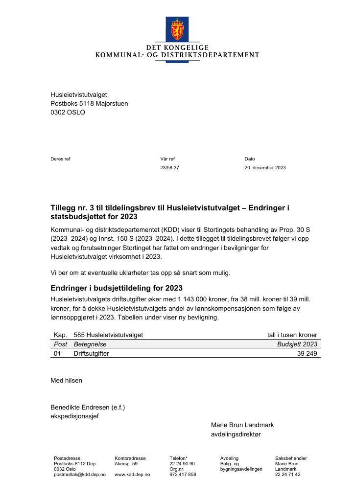 Forsiden av dokumentet Tillegg nr. 3 til tildelingsbrev HTU 2023 (pdf)