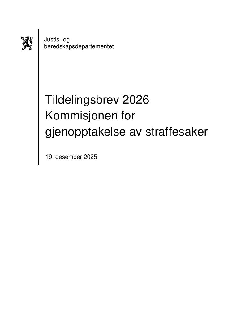 Forsiden av dokumentet Tildelingsbrev Kommisjonen for gjenopptakelse av straffesaker 2026