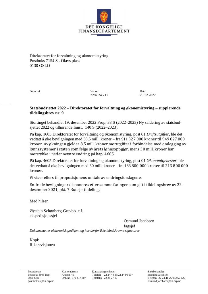 Forsiden av dokumentet Tildelingsbrev DFØ 2022 - tillegg nr. 9