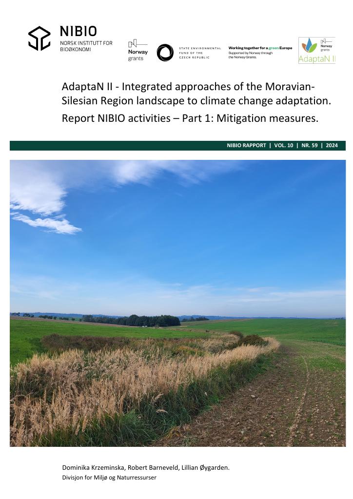 Forsiden av dokumentet AdaptaN II - Integrated approaches of the Moravian-Silesian Region landscape to climate change adaptation. Report NIBIO activities. Part 1: Mitigating measures