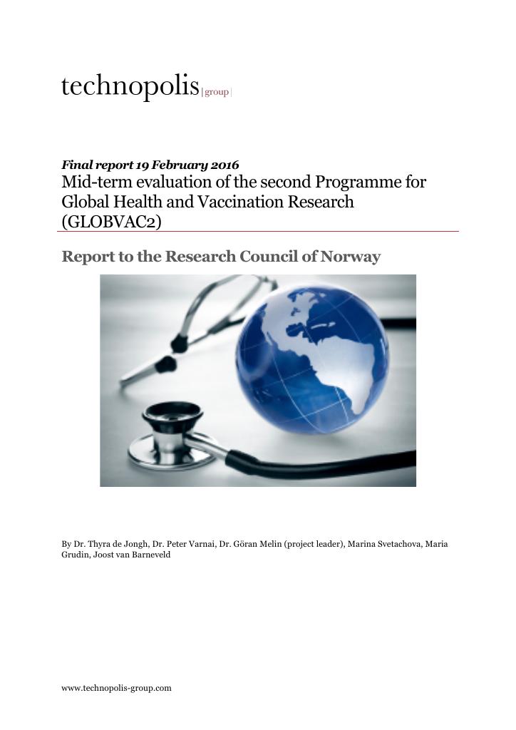 Forsiden av dokumentet Mid-term evaluation of the second Programme for Global Health and Vaccination Research (GLOBVAC2)