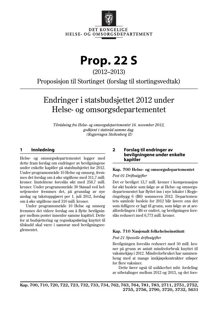 Forsiden av dokumentet Prop. 22 S (2012–2013)