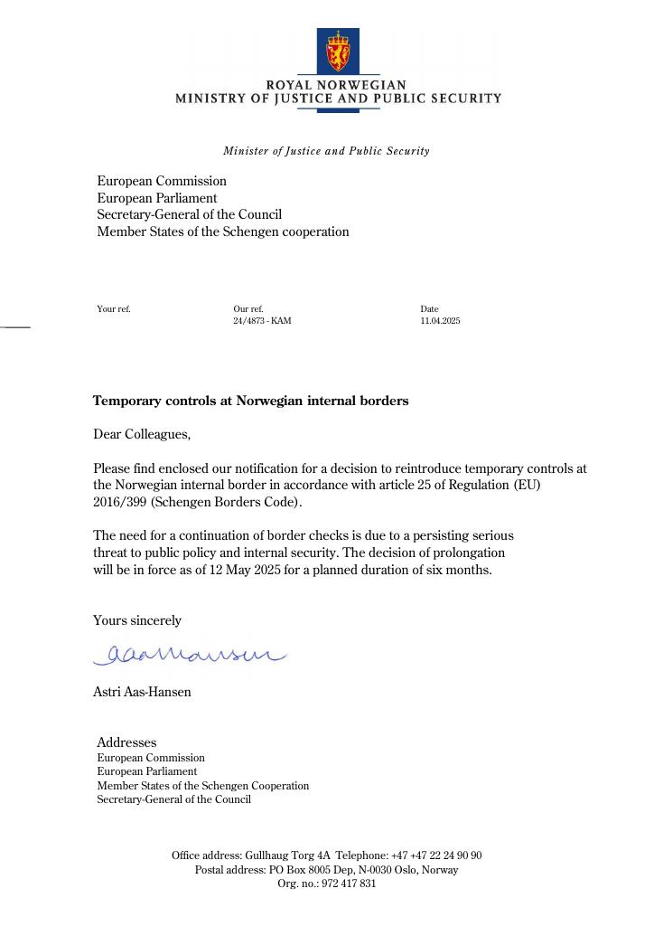 Forsiden av dokumentet Temporary controls at Norwegian internal borders