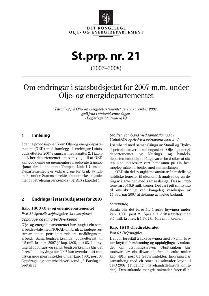 Forsiden av dokumentet St.prp. nr. 21 (2007-2008)