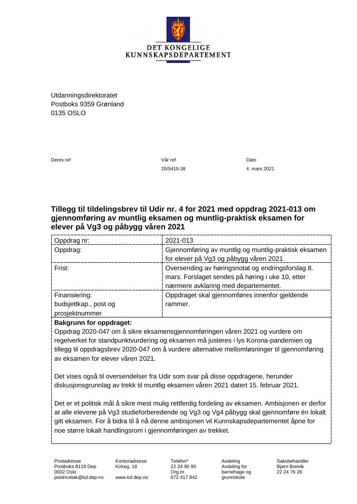 Forsiden av dokumentet Tildelingsbrev Utdanningsdirektoratet 2021 - tillegg nr. 4