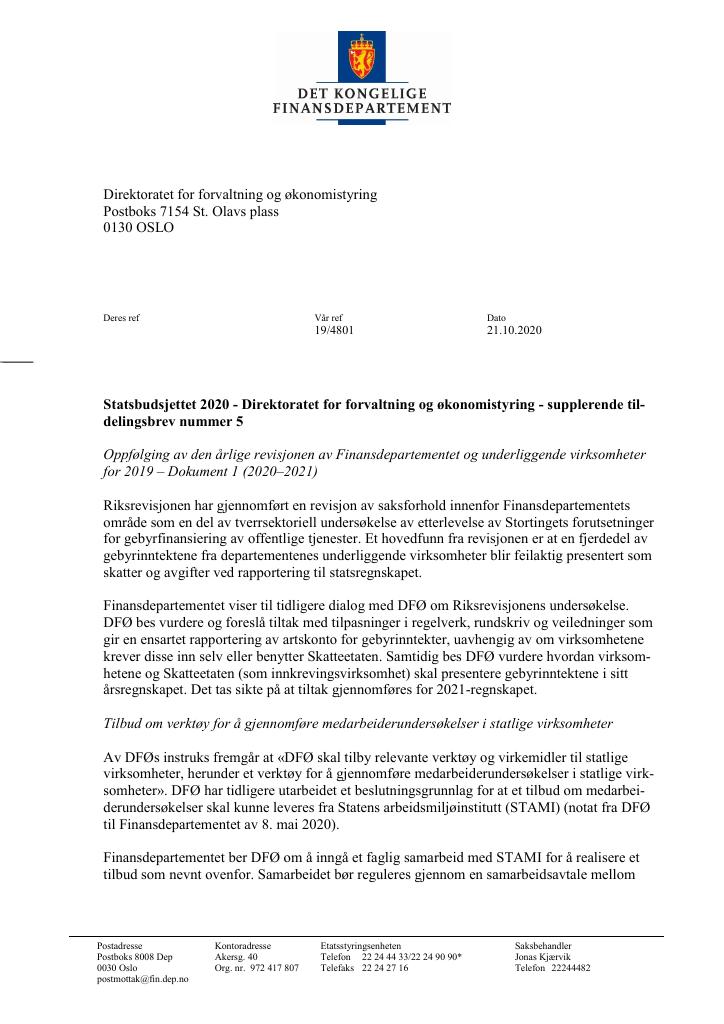 Forsiden av dokumentet Supplerende tildelingsbrev DFØ 2020 - nr. 5