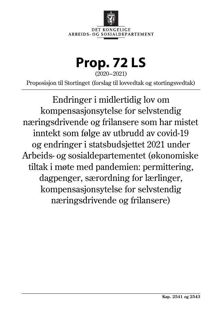 Forsiden av dokumentet Prop. 72 LS (2020–2021)