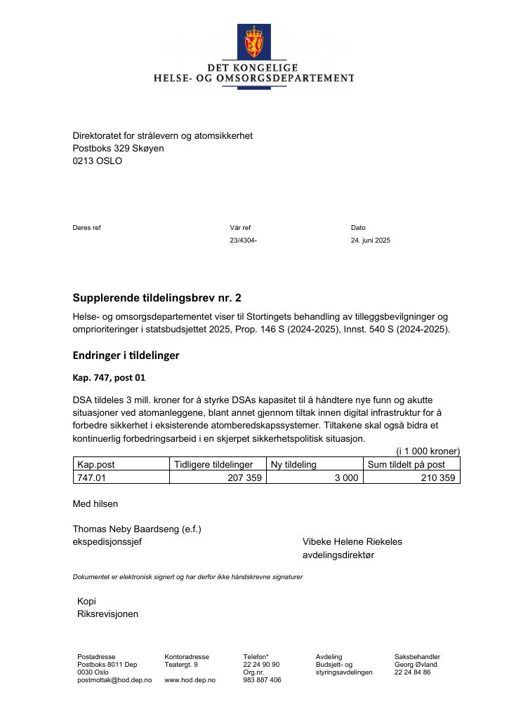 Forsiden av dokumentet Tildelingsbrev Direktoratet for strålevern og atomsikkerhet 2025 - tillegg nr. 2