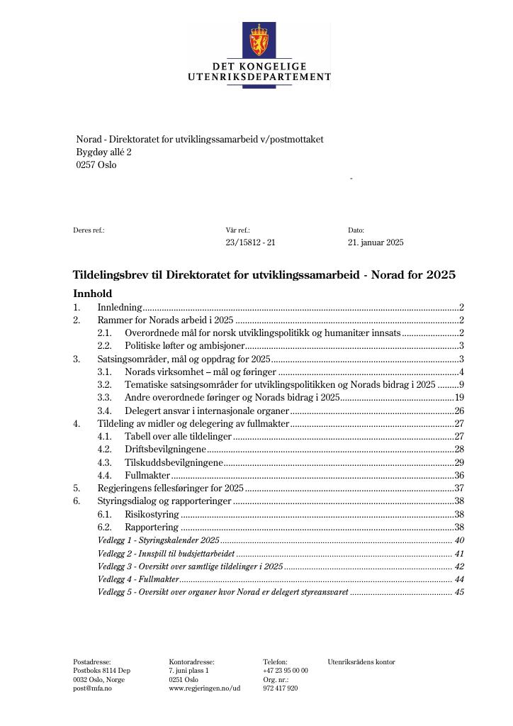 Forsiden av dokumentet Tildelingsbrev Norad 2025