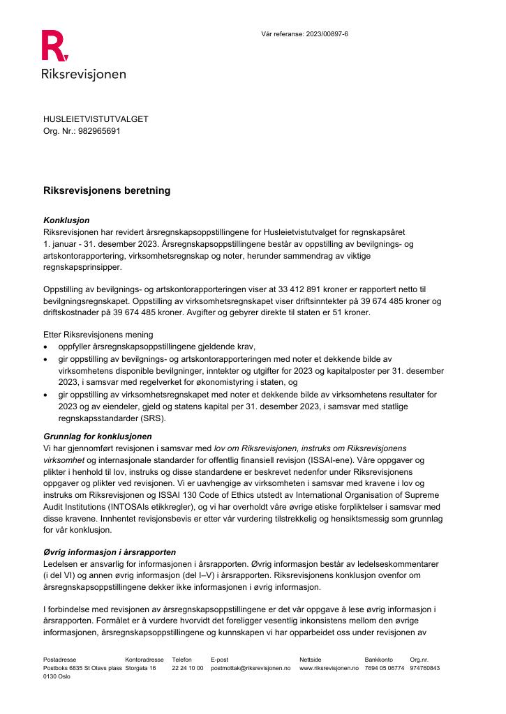Forsiden av dokumentet Revisjonsberetning Husleietvistutvalget 2023