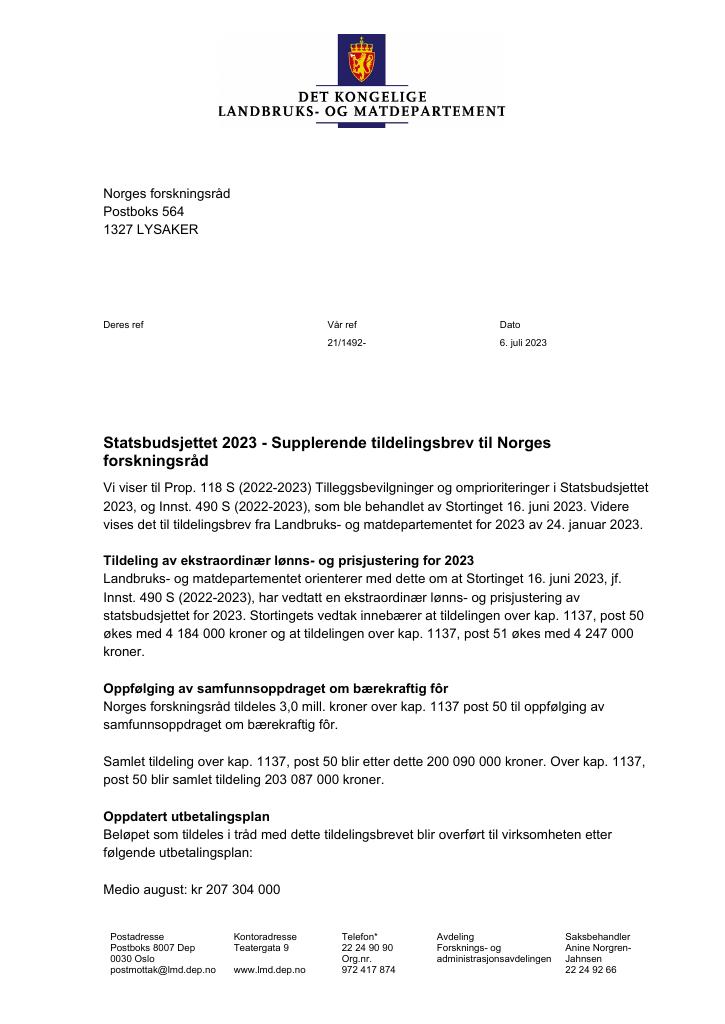 Forsiden av dokumentet Tildelingsbrev Norges forskningsråd 2023 - tillegg