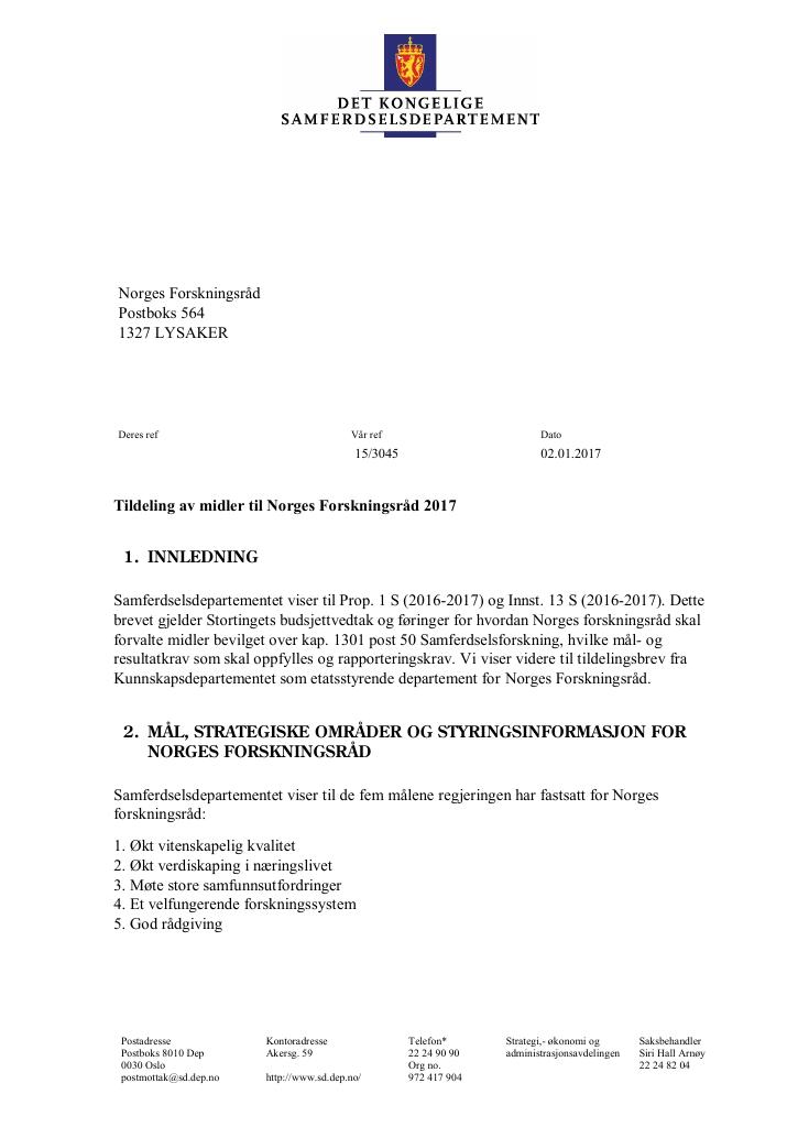 Forsiden av dokumentet Tildelingsbrev