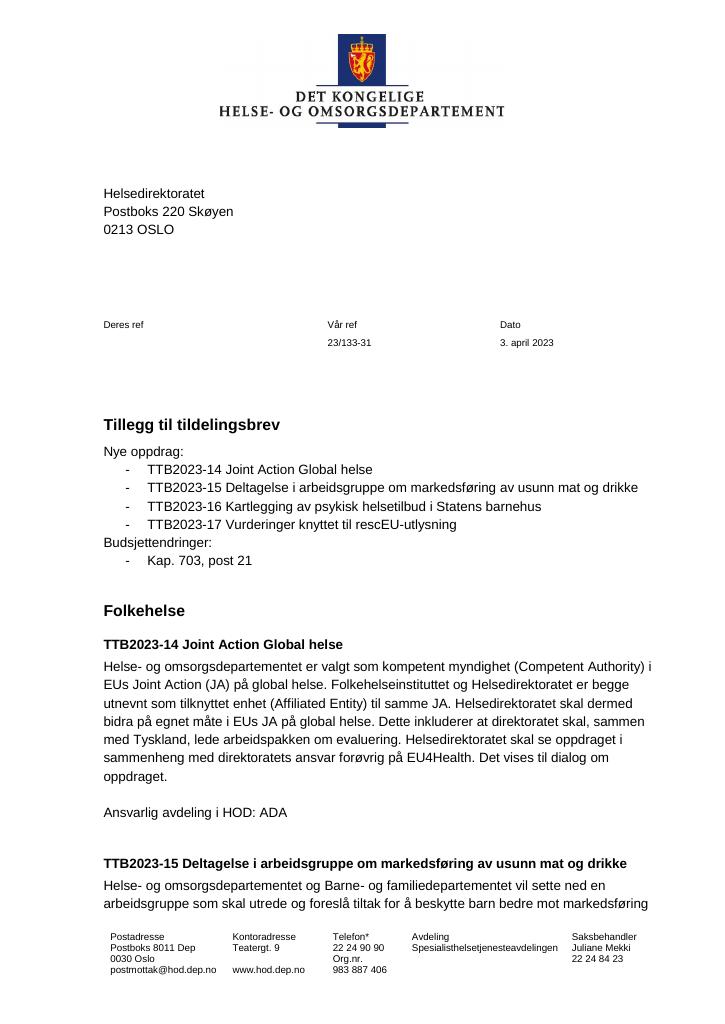 Forsiden av dokumentet Tildelingsbrev Helsedirektoratet 2023 - tillegg nr. 14