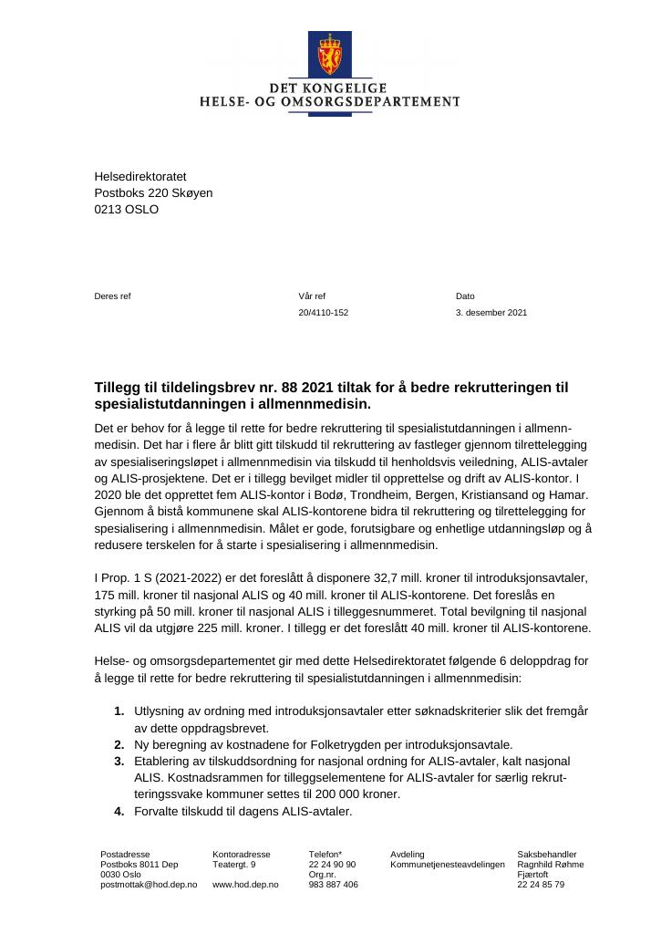 Forsiden av dokumentet Tildelingsbrev Helsedirektoratet 2021 - tillegg nr. 88